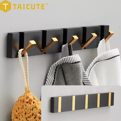 TAICUTE Folding Towel Hanger 2ways Installation Wall Hooks Coat Clothes Holder for Bathroom Kitchen Bedroom Hallway, Black Gold