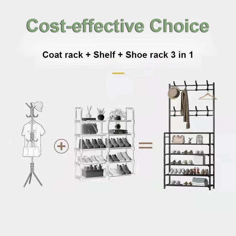 Household Simple Entryway Integrated Shoe Rack Coat Hat Rack Strong Load-bearing Bedroom Hanger Shoe Cabinet Bag Storage Rack