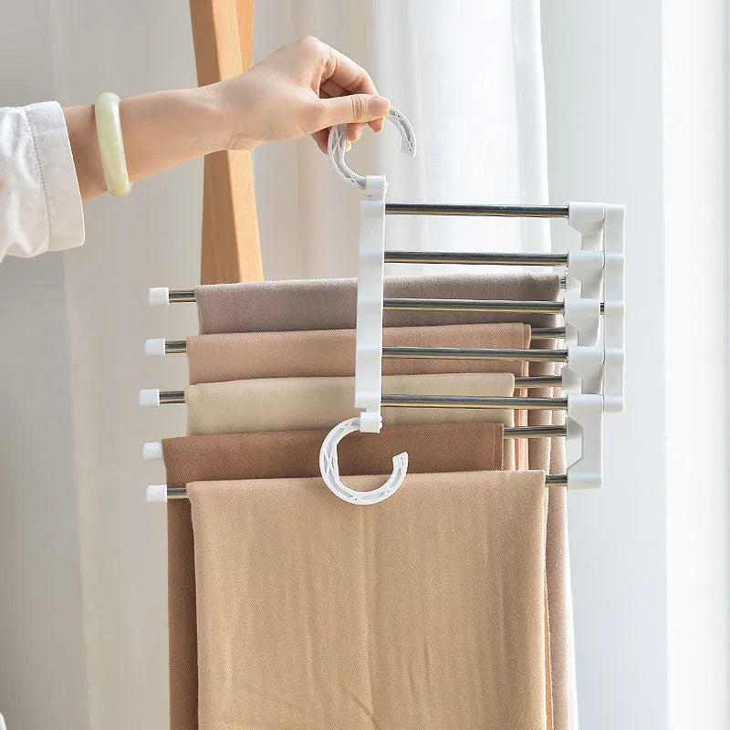 5 In 1 Magic Trouser Rack Hangers Stainless Steel Folding Pant Rack Tie Hanger Shelves Bedroom Closet Organizer Wardrobe Storage